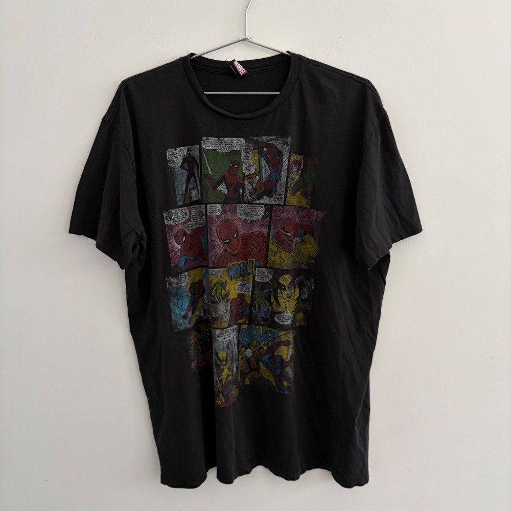 Marvel Mad Engine Spider-Man Comic Panel Graphic T-Shirt Black Mens Large